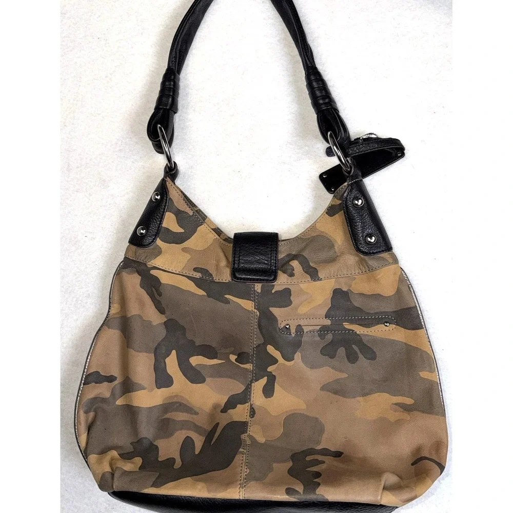 B Makowsky Camo Hobo Bag Black Leather Trim Silver Hardware Shoulder Purse